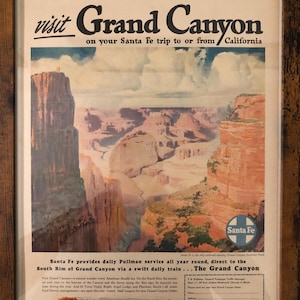 Framed Vintage 1947 Santa Fe Rail Lines Advertisement - ‘’Grand Canyon’’