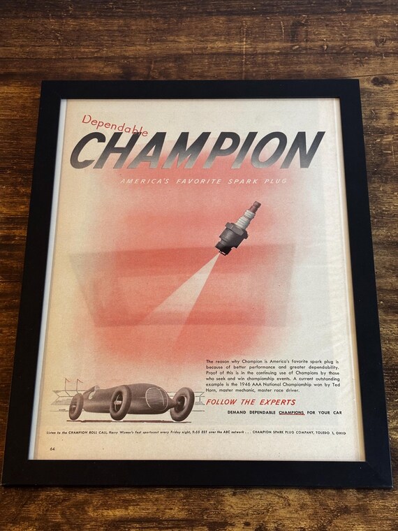Framed Vintage 1946 Champion Spark Plugs Advertisement *vintage