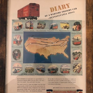 Framed Vintage 1944 Pennsylvania Railroad Ad - ‘’Diary of a War Time Freight Car’’