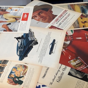 May include: A collection of vintage magazine advertisements. The ads feature illustrations of a car, a man smoking a cigarette, a couple playing tennis, and a bottle of ketchup. The ads are printed on aged paper.