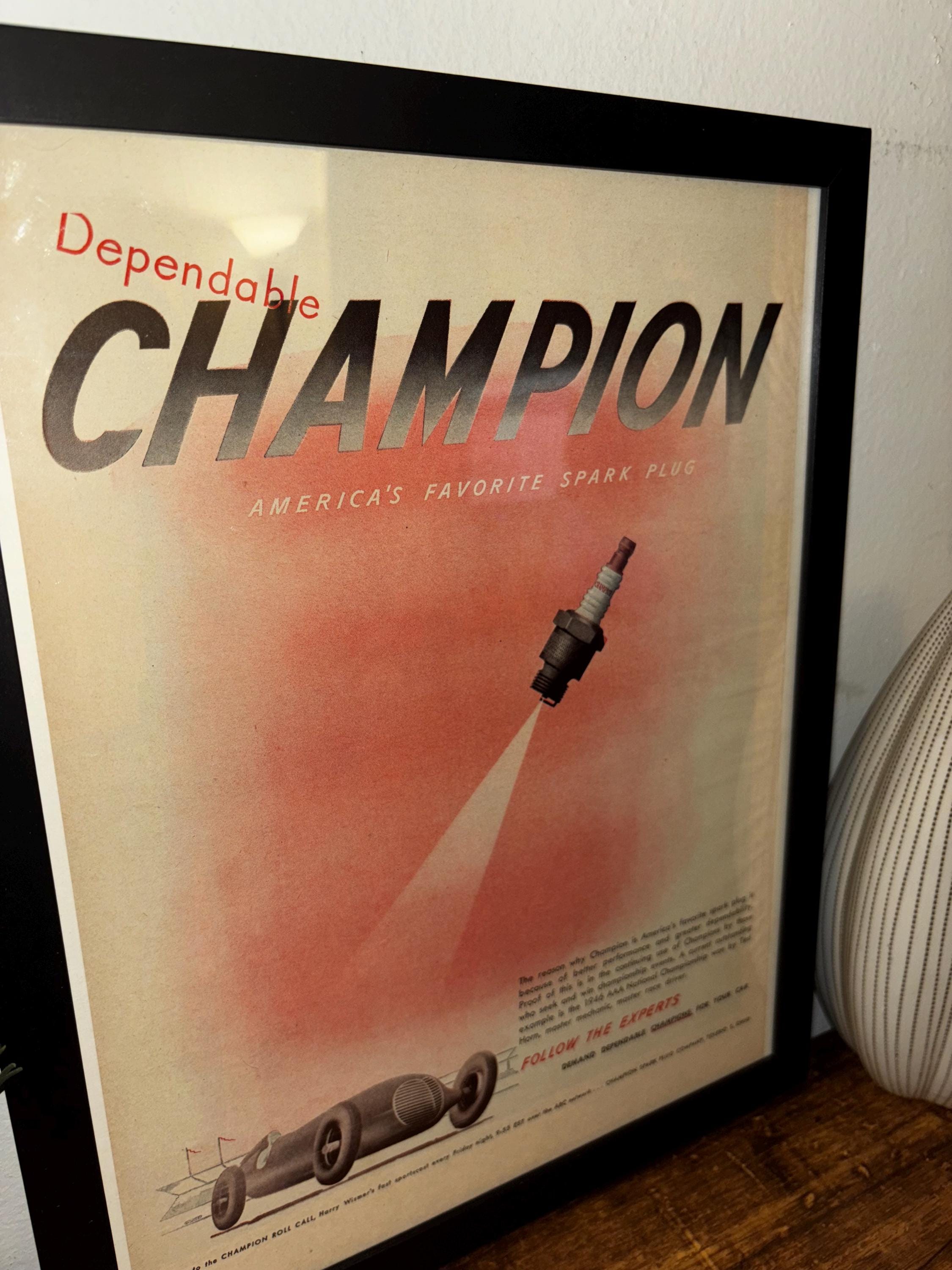 Framed Vintage 1946 Champion Spark Plugs Advertisement *vintage