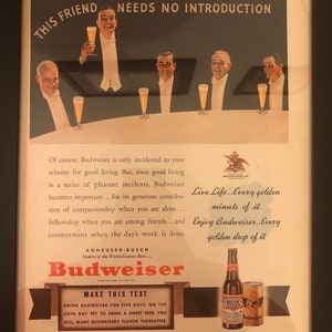 Framed Vintage 1940 Budweiser Ad