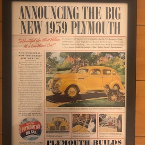 Framed Vintage 1939 Plymouth Car Advertisement