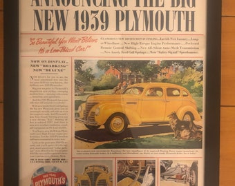 May include: A vintage advertisement for the 1939 Plymouth car. The ad features a yellow Plymouth car with a black dog sitting in front of it. The text reads "Announcing the Big New 1939 Plymouth" and "So Beautiful You Won't Believe It's a Low Priced Car!"