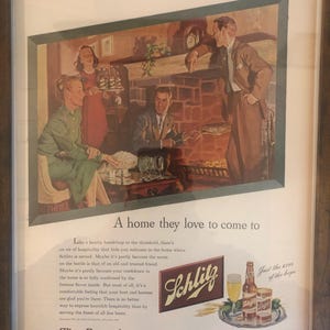 Framed Vintage 1947 Schlitz Beer Advertisement - ‘’Fireside Gathering’’