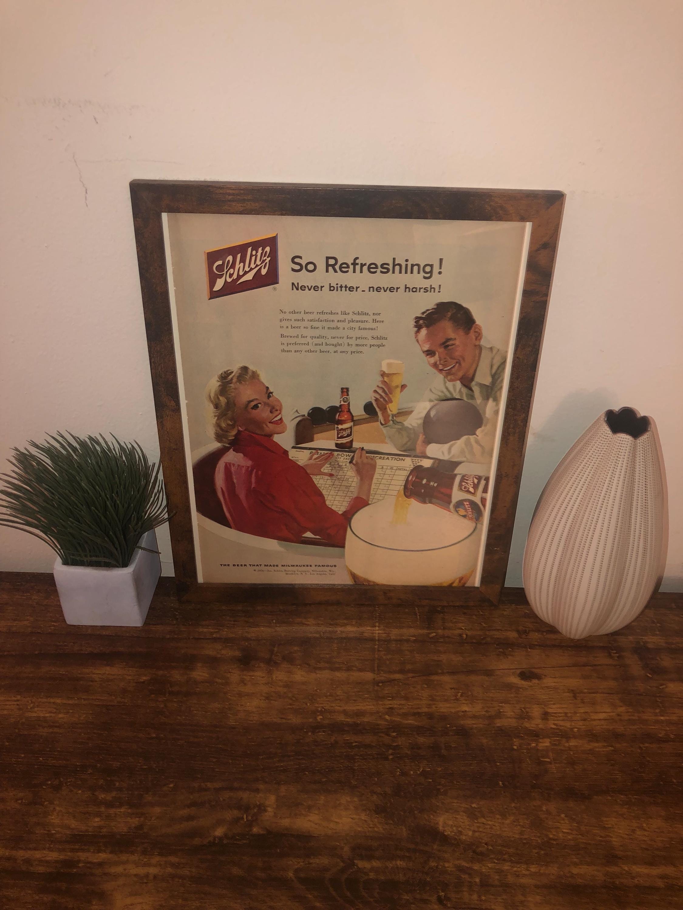 Framed 1956 Schlitz Beer Advertisement *vintage Bar Decoration