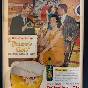 Framed Vintage 1957 Ballantine Ale Advertisement - Party in the Den *Vintage Beer Advertising*