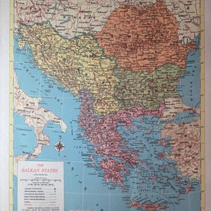 Framed 1940s Atlas Map of the Balkans Romania Yugoslavia and Bulgaria: Vintage Eastern European Map Wall Art