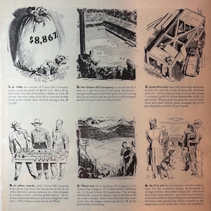 May include: A vintage black and white advertisement for Union Oil Company of California featuring six illustrated panels with text explaining corporate net profit, shareholder distribution, and employee wages, titled Net Profit $253.26.