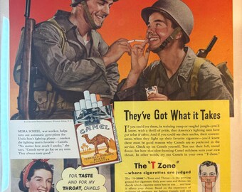 Framed Vintage 1944 WW2 Era Camel Cigarettes Advertisement *Mid Century military advertising decoration*