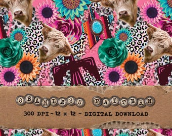 Western highland cow seamless pattern for fabric, design for girl skirt, instant download, western sunflower seamless, western digital