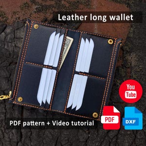 Padrão de carteira longa masculina com zíper, bolso para moedas, dinheiro e compartimentos para cartões, modelo PDF + arquivo DXF, artesanato em couro faça você mesmo com tutorial em vídeo