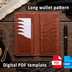 May include: A brown leather long wallet pattern with white stitching, featuring card slots and pockets. The image includes the text "Long wallet pattern" and "Digital PDF template". Also shown are a pen, sunglasses, and a pocket watch.
