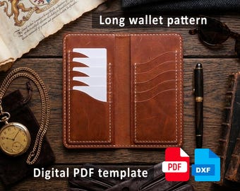 May include: A brown leather long wallet pattern with white stitching, featuring card slots and pockets. The image includes the text "Long wallet pattern" and "Digital PDF template". Also shown are a pen, sunglasses, and a pocket watch.