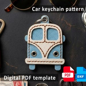 May include: A blue and white leatherette car keychain in the shape of a vintage van. The keychain has a silver ring and is surrounded by a bottle opener, sunglasses, and a watch. The text "Car keychain pattern" and "Digital PDF template" are also visible.