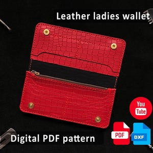 Patrón de billetera de cuero para mujer con compartimentos para tarjetas, efectivo y monedas (PDF + DXF) Plantilla para imprimir en tamaño A4 Proyecto de costura de cartera DIY
