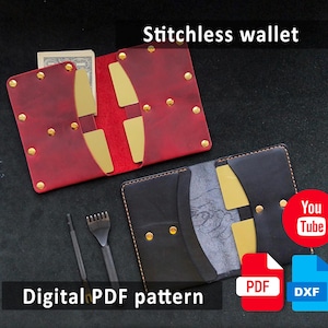 May include: Two stitchless wallets, one red and one black, with gold-colored accents and rivets. The wallets are open, revealing the interior. The image also includes tools and digital PDF pattern information.