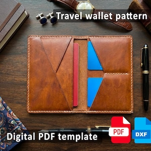 May include: Open brown leather travel wallet with a passport and blue card slots. The text "Travel wallet pattern" and "Digital PDF template" are visible. Other items include a watch, pen, and keys.
