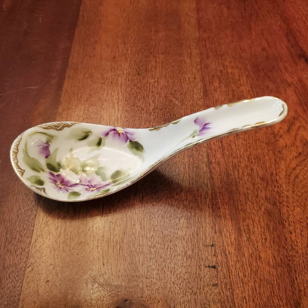 Rice Noodle Soup Spoon With Greenery and Purple Flowers With Gold Rim