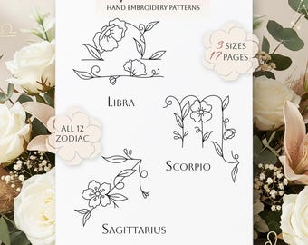 Handbroderimönster med blommönster för födelsemånad; Stjärntecken, astrologi, utskrivbara med stick-and-styg (PDF-nedladdning)