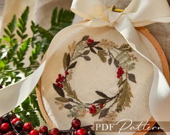 PDF Hand Embroidery Pattern Christmas Wreath Hand Stitch Design Beginner DIY Handmade Ornament (Download)