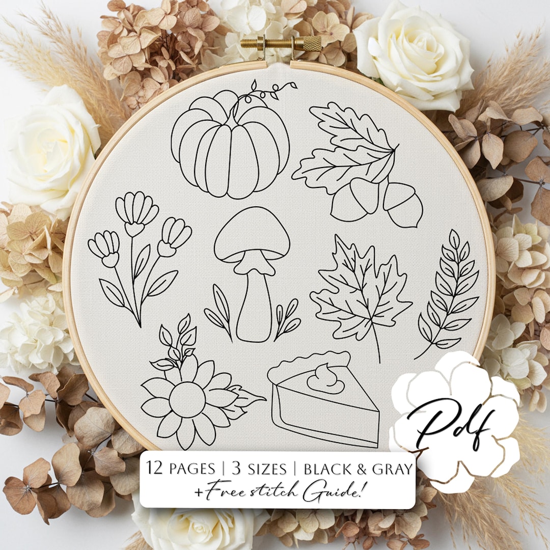 Autumn Hand Embroidery Pattern Bundle | Fall Pumpkin, Sunflower, Leaves ...