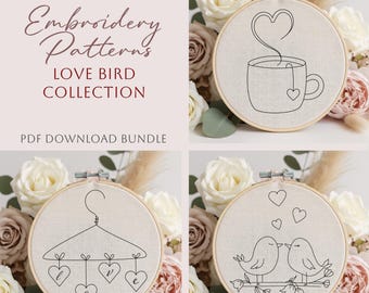 Love Birds Embroidery Pattern Collection; Birds, Love, Coffee Heart Hand Stitch Designs (PDF Download)