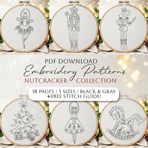 May include: A collection of embroidery patterns featuring designs from the Nutcracker ballet. The patterns include a ballerina, a nutcracker, a mouse king, a Christmas tree, a ballerina, and a rocking horse. The text reads "PDF Download Embroidery Patterns Nutcracker Collection".