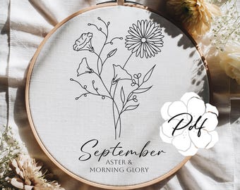 Patrón de bordado a mano en PDF: Flor de septiembre (diseño personalizado: Aster, Morning Glory) (Descargar)