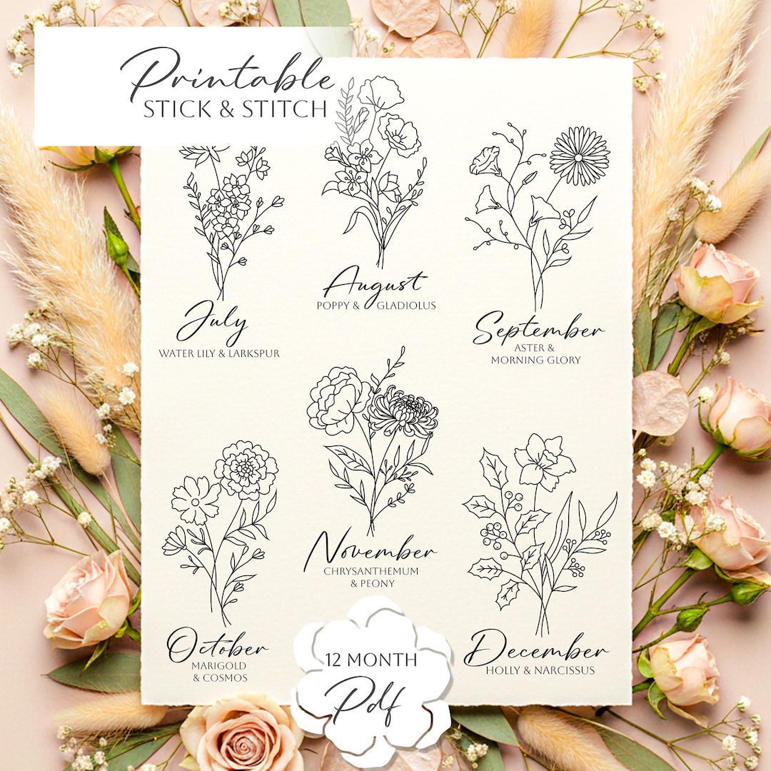 Floral Stick and Stitch Printable - Birth Month Flower Embroidery ...