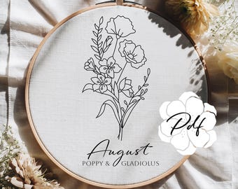 PDF Hand Embroidery Pattern August Birth Flower Easy Beginner Stitch Design: Poppy, Gladiolus (Download)