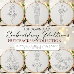 May include: A collection of black and gray Nutcracker-themed embroidery patterns. The designs include a ballerina, a nutcracker, a mouse soldier, a Christmas tree, a ballerina, and a rocking horse. The text reads "PDF Download Embroidery Patterns Nutcracker Collection".