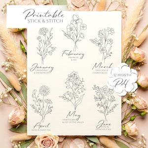 Birth Month Flower Embroidery Patterns - Personalized Floral Hand Stitch Printable (PDF Download)