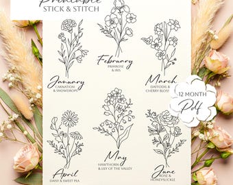 Broderimönster för blommor med födelsemånad - Personliga handsömnadsmönster för blommor, utskrivbara (PDF-nedladdning)