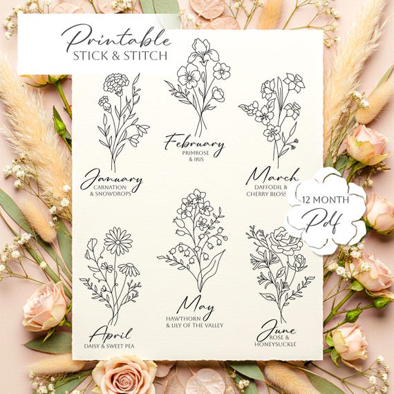Birth Month Flower Embroidery Patterns - Personalized Floral Hand Stitch Printable (PDF Download)