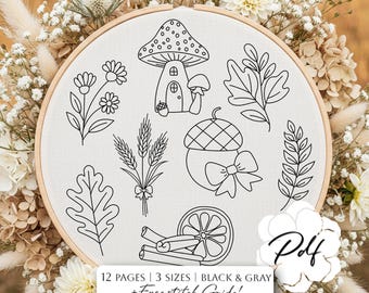 Autumn Hand Embroidery Pattern Bundle | Fall Mushroom, Acorn, Botanical | Beginner Friendly (PDF Download)