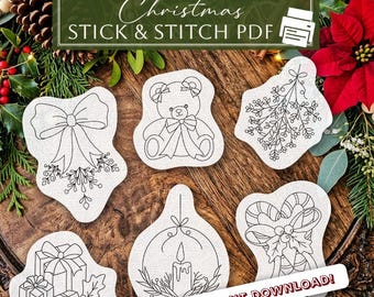 May include: A set of six white fabric stick and stitch embroidery patterns featuring black line art designs of a bow, a teddy bear, mistletoe, gift boxes, a candle, and candy canes with the text Christmas STICK & STITCH PDF and INSTANT DOWNLOAD.
