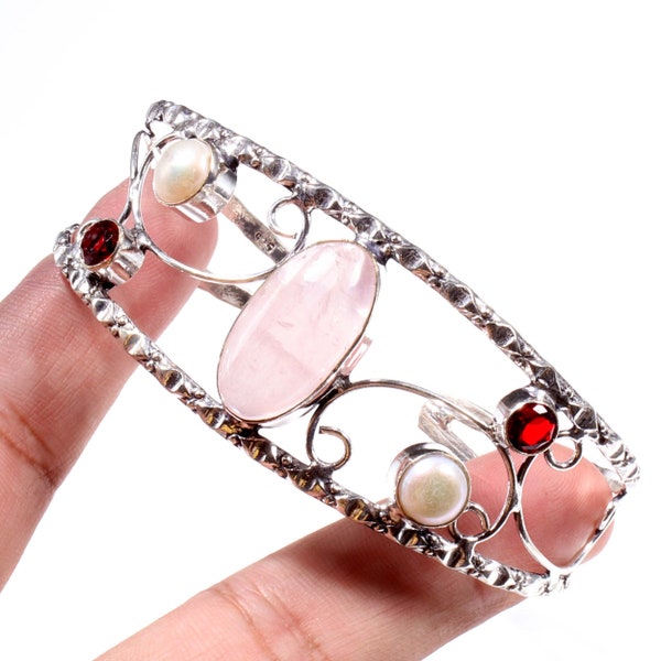 Bracelet manchette en perles de grenat de quartz rose en argent sterling 925, bracelet en perles de grenat, pierres précieuses faites à la main, bracelets en argent pour femmes CAN 4130