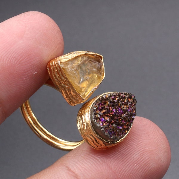 Pierre précieuse Citrine Druzy, Bague en or 18 carats, Bague Druzy Citrine, Bague Taille 7 US Cadeau pour mère, cadeau pour elle CAN 372