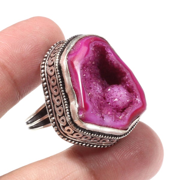 Pink Druzy Gemstone 92.5 Sterling Silver Ring , Pink Druzy    Ring ,Ring Size 8.5 US Gift for mother, gift for her, Women Ring CAN 2045