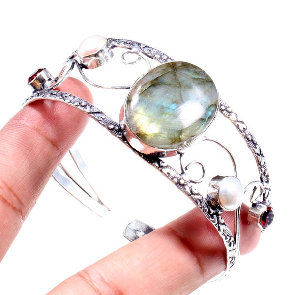 Manchette grenat perle labradorite en argent sterling 925 Bracelet grenat labradorite, pierres précieuses, bracelets en argent faits main pour femme CAN 4108