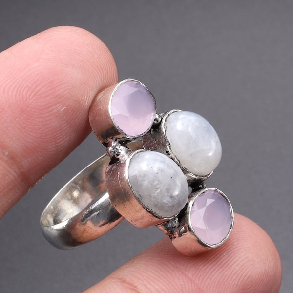 Pierre précieuse de quartz rose pierre de lune, bague en argent sterling 92.5 , bague en pierre de lune, taille de bague 7.5 US cadeau pour mère, cadeau pour elle CAN 373