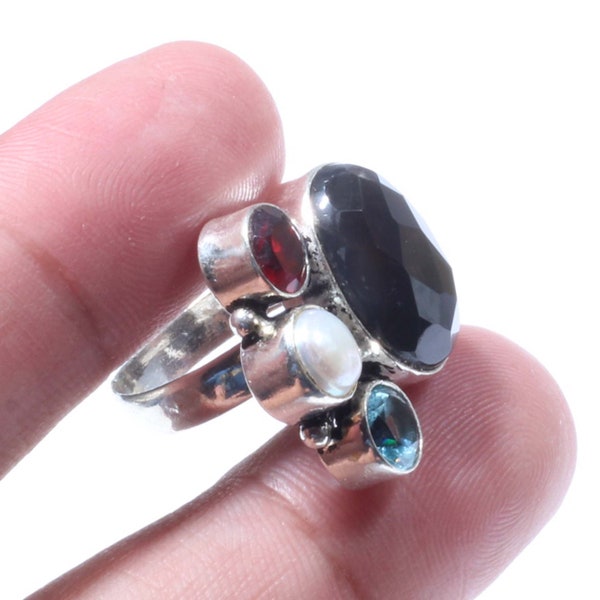 Black Onyx Garnet Pearl Gemstone, Multi Stones Ring , Onyx Garnet Pearl Ring Size 7.5 US Gift for mother, gift for her, Women Ring CAN 2637