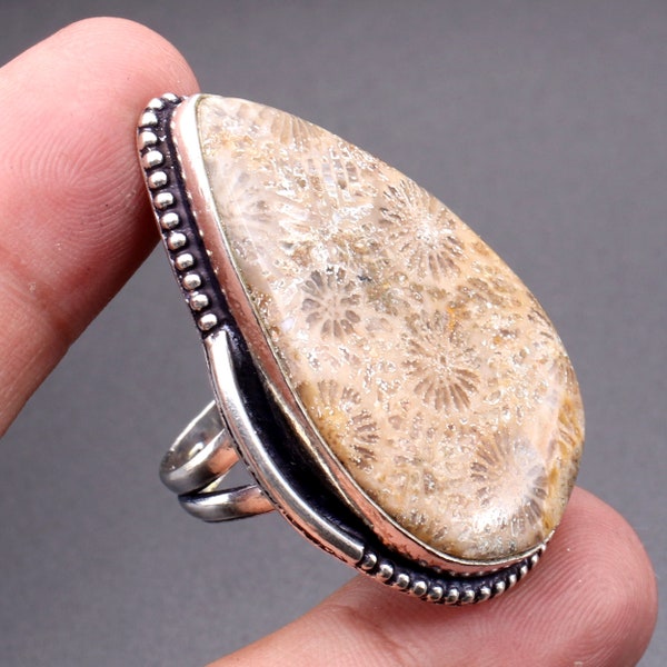 Fossil Coral Gemstone, 92.5 Sterling Silver Ring , Fossil Coral Ring , Ring Size 8 US Gift for mother, gift for her CAN 387