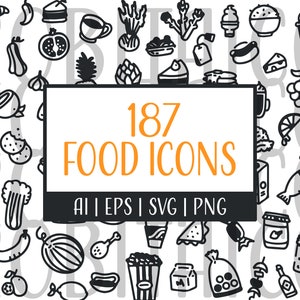 May include: Black and white doodle-style illustrations of various food items, including fruits, vegetables, and prepared dishes. The image features the text "187 FOOD ICONS" in orange, with file type indicators below.