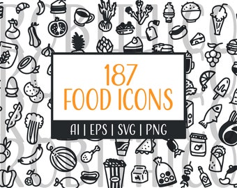 187 Food Icons – hand drawn, clipart, foodie icons, food blogger, food illustrations, fruits vegetables drinks, instant download, PNG vector