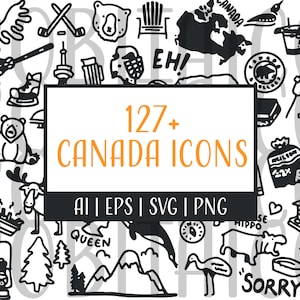 Könnte beinhalten: Schwarz-weiße Illustration mit 127+ Kanada-Symbolen, darunter ein Bär, ein Ahornblatt und der Text "CANADA ICONS". Das Bild enthält auch den Text "AI | EPS | SVG | PNG".