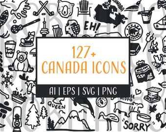 Może przedstawiać: Czarno-biała ilustracja z 127+ ikonami Kanady, w tym niedźwiedziem, liściem klonu i tekstem "CANADA ICONS". Obraz zawiera również tekst "AI | EPS | SVG | PNG".