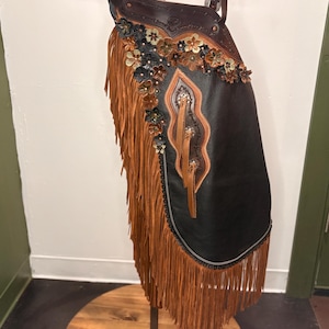 Medium - Western Chaps with Handcrafted Leather Flower & Crystal Accents