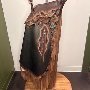 X-Large - Western Chaps with Handcrafted Leather Flower & Crystal Accents